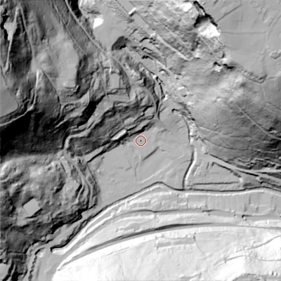 Shaded relief map of the ground around HX76DX, computed from Environment Agency LiDAR. The ground here sits at about 105 m above sea level and falls 158 m across the surrounding 800 m. Surface water reaching this point runs off ground lying to the north-west, 42.3 m higher.
