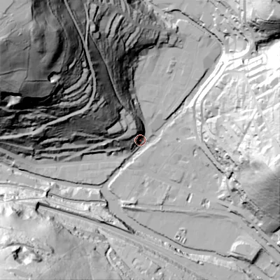 Shaded relief map of the ground around HX76EN, computed from Environment Agency LiDAR. The ground here sits at about 102 m above sea level and falls 150 m across the surrounding 800 m. Surface water reaching this point runs off ground lying to the north-west, 147.1 m higher.