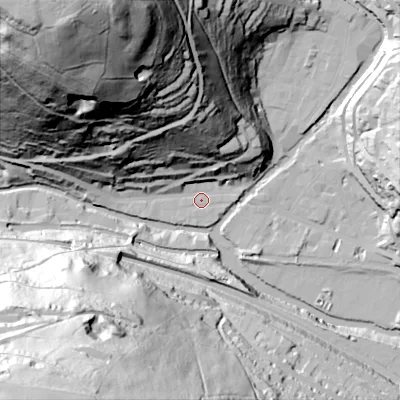Shaded relief map of the ground around HX76EU, computed from Environment Agency LiDAR. The ground here sits at about 99 m above sea level and falls 146 m across the surrounding 800 m. Surface water reaching this point runs off ground lying to the north, 55.1 m higher.
