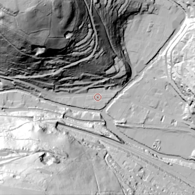 Shaded relief map of the ground around HX76EZ, computed from Environment Agency LiDAR. The ground here sits at about 99 m above sea level and falls 145 m across the surrounding 800 m. Surface water reaching this point runs off ground lying to the north, 55.1 m higher.