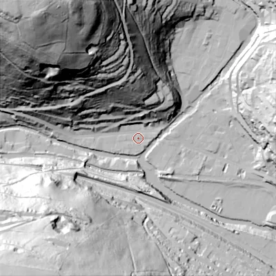 Shaded relief map of the ground around HX76HA, computed from Environment Agency LiDAR. The ground here sits at about 99 m above sea level and falls 145 m across the surrounding 800 m. Surface water reaching this point runs off ground lying to the north, 55.1 m higher.