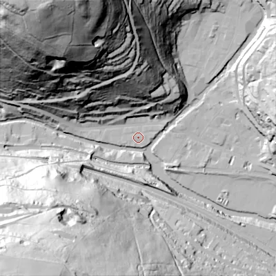 Shaded relief map of the ground around HX76HB, computed from Environment Agency LiDAR. The ground here sits at about 99 m above sea level and falls 144 m across the surrounding 800 m. Surface water reaching this point runs off ground lying to the north, 55.1 m higher.