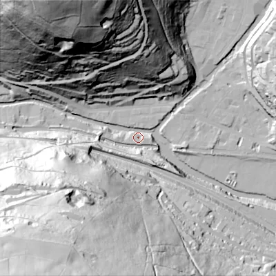 Shaded relief map of the ground around HX76HE, computed from Environment Agency LiDAR. The ground here sits at about 101 m above sea level and falls 148 m across the surrounding 800 m. Surface water reaching this point runs off ground lying to the south-west, 146.6 m higher.