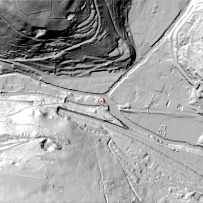 Shaded relief map of the ground around HX76HH, computed from Environment Agency LiDAR. The ground here sits at about 102 m above sea level and falls 148 m across the surrounding 800 m. Surface water reaching this point runs off ground lying to the south-west, 147.4 m higher.