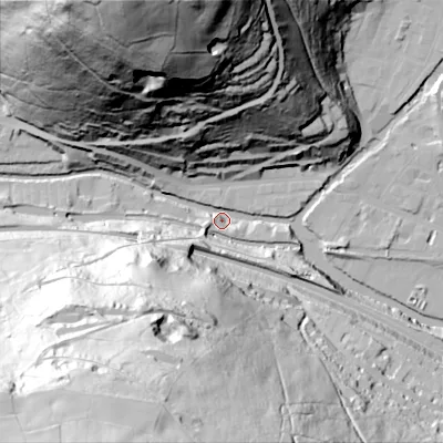 Shaded relief map of the ground around HX76HJ, computed from Environment Agency LiDAR. The ground here sits at about 100 m above sea level and falls 144 m across the surrounding 800 m. Surface water reaching this point runs off ground lying to the south-west, 142.6 m higher.