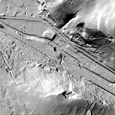 Shaded relief map of the ground around HX76JE, computed from Environment Agency LiDAR. The ground here sits at about 106 m above sea level and falls 159 m across the surrounding 800 m. Surface water reaching this point runs off ground lying to the south-west, 145.0 m higher.