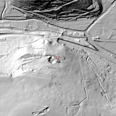 Shaded relief map of the ground around HX76JW, computed from Environment Agency LiDAR. The ground here sits at about 171 m above sea level and falls 168 m across the surrounding 800 m. Surface water reaching this point runs off ground lying to the south-south-west, 95.5 m higher.