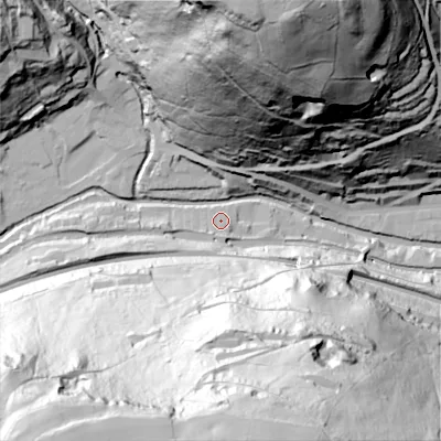 Shaded relief map of the ground around HX76LL, computed from Environment Agency LiDAR. The ground here sits at about 102 m above sea level and falls 144 m across the surrounding 800 m. Surface water reaching this point runs off ground lying to the south-south-west, 4.0 m higher.