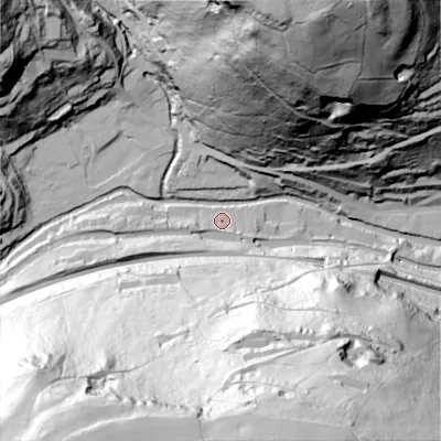 Shaded relief map of the ground around HX76LN, computed from Environment Agency LiDAR. The ground here sits at about 102 m above sea level and falls 143 m across the surrounding 800 m. Surface water reaching this point runs off ground lying to the west-south-west, 16.4 m higher.