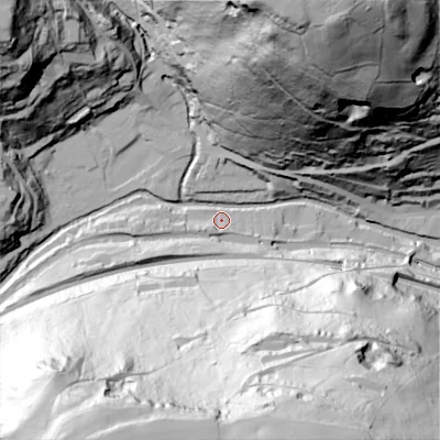 Shaded relief map of the ground around HX76LP, computed from Environment Agency LiDAR. The ground here sits at about 103 m above sea level and falls 143 m across the surrounding 800 m. Surface water reaching this point runs off ground lying to the west-south-west, 9.3 m higher.