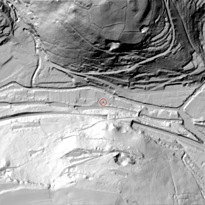 Shaded relief map of the ground around HX76LQ, computed from Environment Agency LiDAR. The ground here sits at about 101 m above sea level and falls 144 m across the surrounding 800 m. Surface water reaching this point runs off ground lying to the south-south-west, 135.2 m higher.