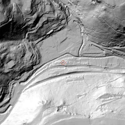 Shaded relief map of the ground around HX76LS, computed from Environment Agency LiDAR. The ground here sits at about 108 m above sea level and falls 148 m across the surrounding 800 m. Surface water reaching this point runs off ground lying to the south-south-east, 10.8 m higher.