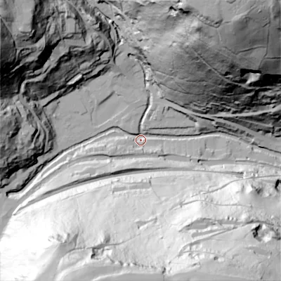 Shaded relief map of the ground around HX76LT, computed from Environment Agency LiDAR. The ground here sits at about 102 m above sea level and falls 145 m across the surrounding 800 m. Surface water reaching this point runs off ground lying to the north-north-east, 142.5 m higher.