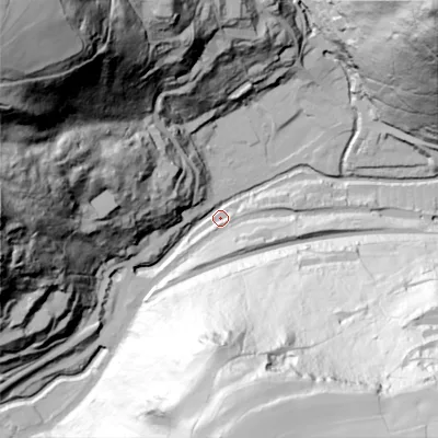 Shaded relief map of the ground around HX76LU, computed from Environment Agency LiDAR. The ground here sits at about 104 m above sea level and falls 162 m across the surrounding 800 m. Surface water reaching this point runs off ground lying to the south-south-east, 133.7 m higher.