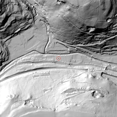 Shaded relief map of the ground around HX76LW, computed from Environment Agency LiDAR. The ground here sits at about 102 m above sea level and falls 143 m across the surrounding 800 m. Surface water reaching this point runs off ground lying to the north-north-east, 141.5 m higher.