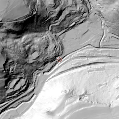 Shaded relief map of the ground around HX76LX, computed from Environment Agency LiDAR. The ground here sits at about 104 m above sea level and falls 164 m across the surrounding 800 m. Surface water reaching this point runs off ground lying to the south-south-east, 134.0 m higher.