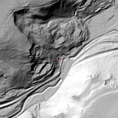 Shaded relief map of the ground around HX76NG, computed from Environment Agency LiDAR. The ground here sits at about 112 m above sea level and falls 172 m across the surrounding 800 m. Surface water reaching this point runs off ground lying to the north-west, 155.6 m higher.