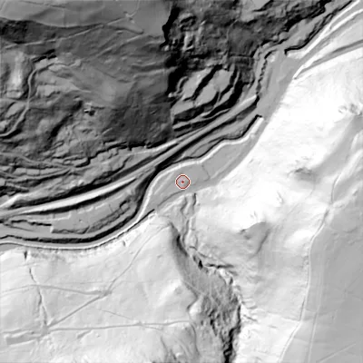 Shaded relief map of the ground around HX76NH, computed from Environment Agency LiDAR. The ground here sits at about 107 m above sea level and falls 158 m across the surrounding 800 m. Surface water reaching this point runs off ground lying to the east-south-east, 129.4 m higher.