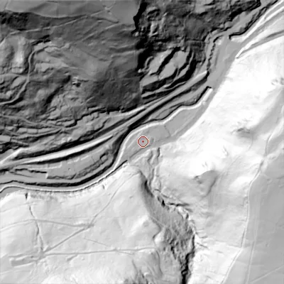 Shaded relief map of the ground around HX76NJ, computed from Environment Agency LiDAR. The ground here sits at about 107 m above sea level and falls 158 m across the surrounding 800 m. Surface water reaching this point runs off ground lying to the east-south-east, 127.3 m higher.