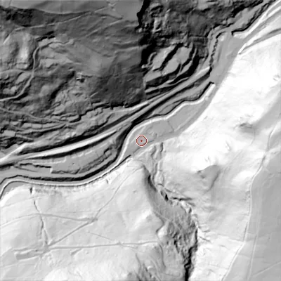Shaded relief map of the ground around HX76NL, computed from Environment Agency LiDAR. The ground here sits at about 107 m above sea level and falls 157 m across the surrounding 800 m. Surface water reaching this point runs off ground lying to the east-south-east, 126.9 m higher.