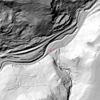 Shaded relief map of the ground around HX76NN, computed from Environment Agency LiDAR. The ground here sits at about 107 m above sea level and falls 154 m across the surrounding 800 m. Surface water reaching this point runs off ground lying to the east-south-east, 130.3 m higher.