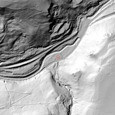 Shaded relief map of the ground around HX76NQ, computed from Environment Agency LiDAR. The ground here sits at about 107 m above sea level and falls 159 m across the surrounding 800 m. Surface water reaching this point runs off ground lying to the south-east, 130.6 m higher.