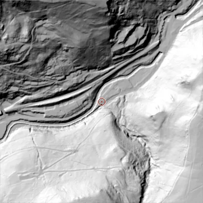 Shaded relief map of the ground around HX76NW, computed from Environment Agency LiDAR. The ground here sits at about 107 m above sea level and falls 149 m across the surrounding 800 m. Surface water reaching this point runs off ground lying to the south, 137.3 m higher.