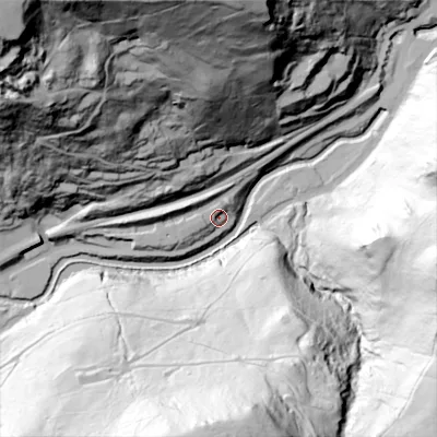 Shaded relief map of the ground around HX76PF, computed from Environment Agency LiDAR. The ground here sits at about 112 m above sea level and falls 157 m across the surrounding 800 m. Surface water reaching this point runs off ground lying to the west-south-west, 8.8 m higher.