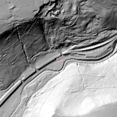 Shaded relief map of the ground around HX76PH, computed from Environment Agency LiDAR. The ground here sits at about 109 m above sea level and falls 166 m across the surrounding 800 m. Surface water reaching this point runs off ground lying to the north, 10.1 m higher.