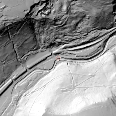 Shaded relief map of the ground around HX76PJ, computed from Environment Agency LiDAR. The ground here sits at about 108 m above sea level and falls 163 m across the surrounding 800 m. Surface water reaching this point runs off ground lying to the north-west, 161.0 m higher.