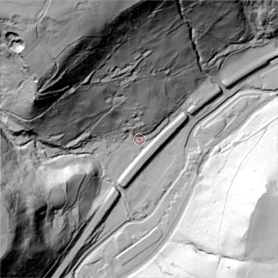 Shaded relief map of the ground around HX76PP, computed from Environment Agency LiDAR. The ground here sits at about 115 m above sea level and falls 155 m across the surrounding 800 m. Surface water reaching this point runs off ground lying to the north-north-west, 147.3 m higher.