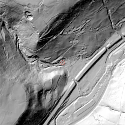 Shaded relief map of the ground around HX76PR, computed from Environment Agency LiDAR. The ground here sits at about 120 m above sea level and falls 152 m across the surrounding 800 m. Surface water reaching this point runs off ground lying to the north-north-west, 141.3 m higher.