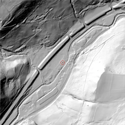 Shaded relief map of the ground around HX76PX, computed from Environment Agency LiDAR. The ground here sits at about 109 m above sea level and falls 153 m across the surrounding 800 m. Surface water reaching this point runs off ground lying to the south-east, 149.3 m higher.
