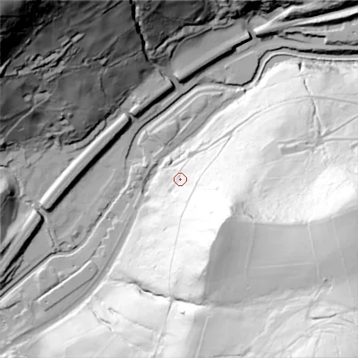 Shaded relief map of the ground around HX76PY, computed from Environment Agency LiDAR. The ground here sits at about 126 m above sea level and falls 174 m across the surrounding 800 m. Surface water reaching this point runs off ground lying to the south-east, 102.2 m higher.