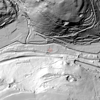 Shaded relief map of the ground around HX76PZ, computed from Environment Agency LiDAR. The ground here sits at about 101 m above sea level and falls 143 m across the surrounding 800 m. Surface water reaching this point runs off ground lying to the south-south-west, 133.0 m higher.