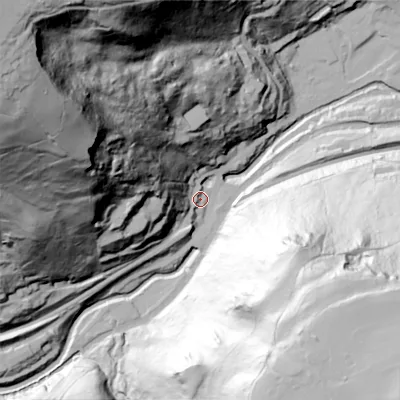 Shaded relief map of the ground around HX76QA, computed from Environment Agency LiDAR. The ground here sits at about 108 m above sea level and falls 168 m across the surrounding 800 m. Surface water reaching this point runs off ground lying to the west-north-west, 153.7 m higher.