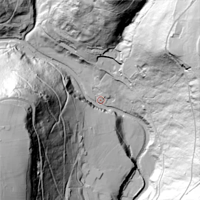 Shaded relief map of the ground around HX77AG, computed from Environment Agency LiDAR. The ground here sits at about 127 m above sea level and falls 152 m across the surrounding 800 m. Surface water reaching this point runs off ground lying to the north-east, 131.3 m higher.