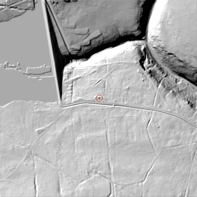 Shaded relief map of the ground around HX77AU, computed from Environment Agency LiDAR. The ground here sits at about 301 m above sea level and falls 90 m across the surrounding 800 m. Surface water reaching this point runs off ground lying to the south, 30.0 m higher.