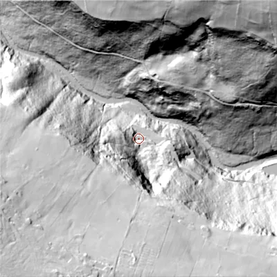 Shaded relief map of the ground around HX77AW, computed from Environment Agency LiDAR. The ground here sits at about 176 m above sea level and falls 152 m across the surrounding 800 m. Surface water reaching this point runs off ground lying to the south-south-west, 103.8 m higher.