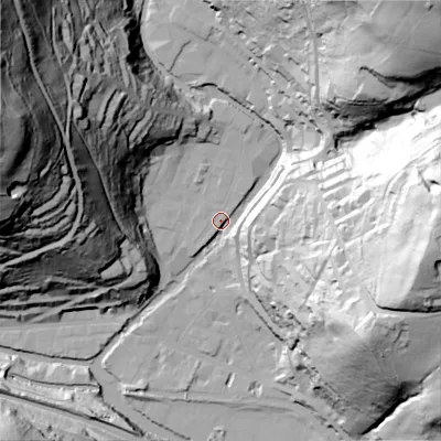 Shaded relief map of the ground around HX77BB, computed from Environment Agency LiDAR. The ground here sits at about 102 m above sea level and falls 135 m across the surrounding 800 m. Surface water reaching this point runs off ground lying to the north-west, 122.9 m higher.