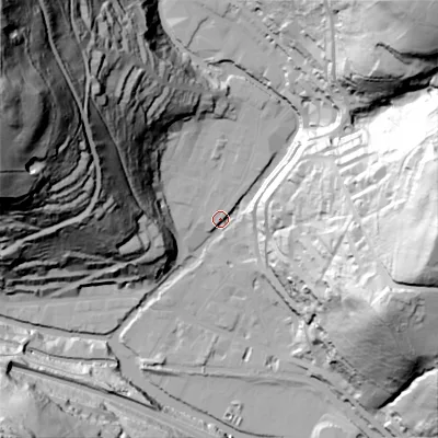 Shaded relief map of the ground around HX77BL, computed from Environment Agency LiDAR. The ground here sits at about 102 m above sea level and falls 145 m across the surrounding 800 m. Surface water reaching this point runs off ground lying to the north-west, 141.9 m higher.