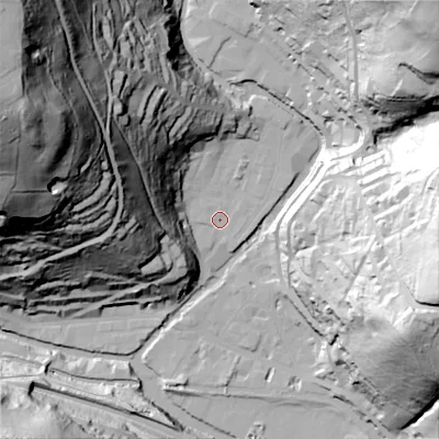 Shaded relief map of the ground around HX77BX, computed from Environment Agency LiDAR. The ground here sits at about 101 m above sea level and falls 148 m across the surrounding 800 m. Surface water reaching this point runs off ground lying to the north-west, 77.5 m higher.
