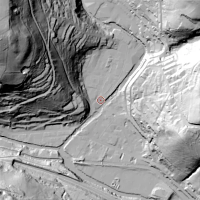 Shaded relief map of the ground around HX77BY, computed from Environment Agency LiDAR. The ground here sits at about 100 m above sea level and falls 148 m across the surrounding 800 m. Surface water reaching this point runs off ground lying to the north-west, 145.1 m higher.
