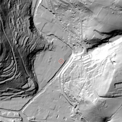 Shaded relief map of the ground around HX77BZ, computed from Environment Agency LiDAR. The ground here sits at about 103 m above sea level and falls 124 m across the surrounding 800 m. Surface water reaching this point runs off ground lying to the north-north-west, 5.3 m higher.
