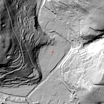Shaded relief map of the ground around HX77DD, computed from Environment Agency LiDAR. The ground here sits at about 103 m above sea level and falls 144 m across the surrounding 800 m. Surface water reaching this point runs off ground lying to the west-north-west, 58.8 m higher.