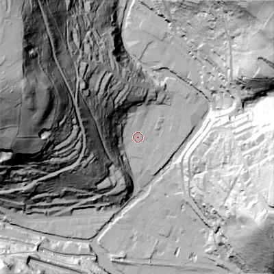 Shaded relief map of the ground around HX77DE, computed from Environment Agency LiDAR. The ground here sits at about 102 m above sea level and falls 150 m across the surrounding 800 m. Surface water reaching this point runs off ground lying to the west-north-west, 76.7 m higher.