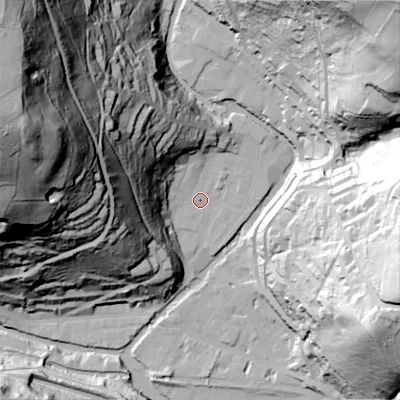 Shaded relief map of the ground around HX77DG, computed from Environment Agency LiDAR. The ground here sits at about 102 m above sea level and falls 148 m across the surrounding 800 m. Surface water reaching this point runs off ground lying to the west-north-west, 76.8 m higher.