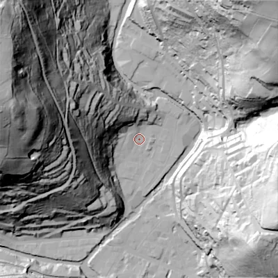 Shaded relief map of the ground around HX77DJ, computed from Environment Agency LiDAR. The ground here sits at about 103 m above sea level and falls 147 m across the surrounding 800 m. Surface water reaching this point runs off ground lying to the west-north-west, 59.2 m higher.