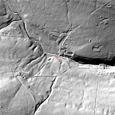 Shaded relief map of the ground around HX77HS, computed from Environment Agency LiDAR. The ground here sits at about 268 m above sea level and falls 101 m across the surrounding 800 m. Surface water reaching this point runs off ground lying to the south-west, 89.5 m higher.
