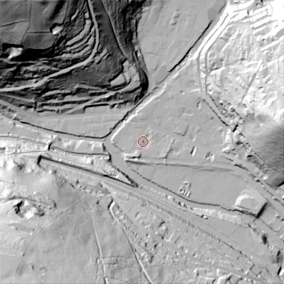 Shaded relief map of the ground around HX78AA, computed from Environment Agency LiDAR. The ground here sits at about 99 m above sea level and falls 142 m across the surrounding 800 m. Surface water reaching this point runs off ground lying to the east, 84.5 m higher.
